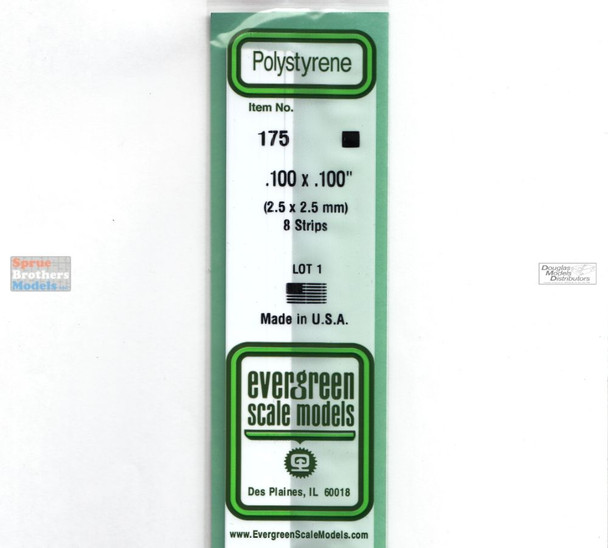 EVG0175 Evergreen Styrene Plastic .100 x .100 Strip 8 pieces #175