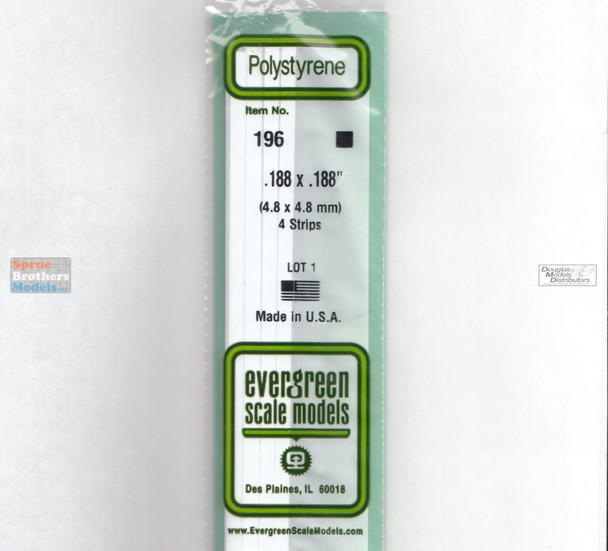 EVG0196 Evergreen Styrene Plastic .188 x .188 Strip 4 pieces #196