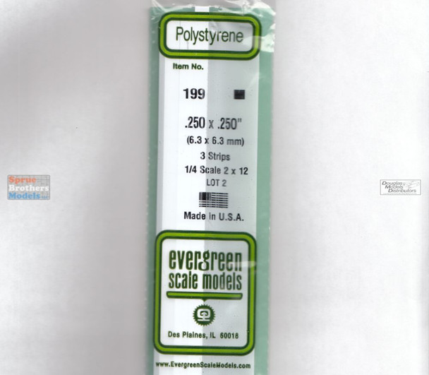 EVG0199 Evergreen Styrene Plastic .250 x .250 Strip 3 pieces #199