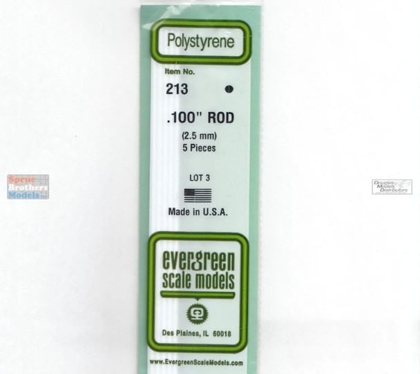 EVG0213 Evergreen Styrene Plastic .100 Round Rod 5 pieces #213