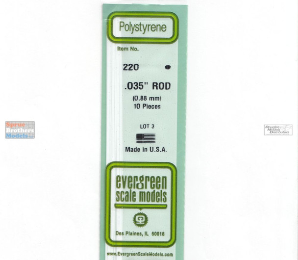 EVG0220 Evergreen Styrene Plastic .035 x .250 Rod 10 pieces #220