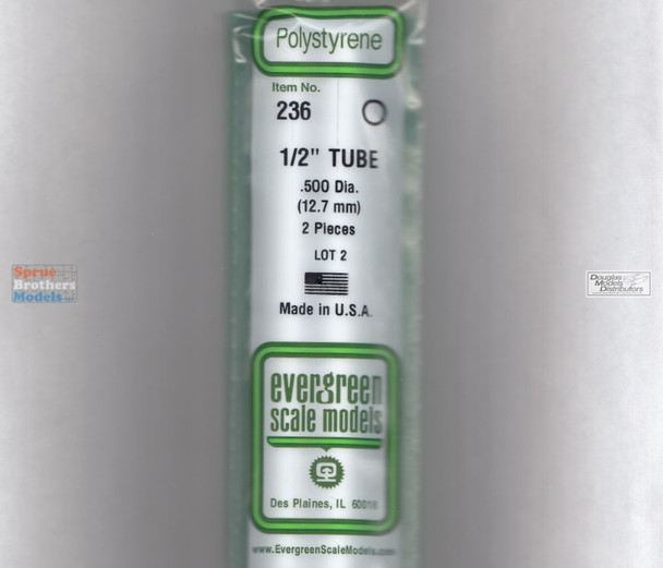 EVG0236 Evergreen Styrene Plastic .500 Round Tubing 2 pieces #236