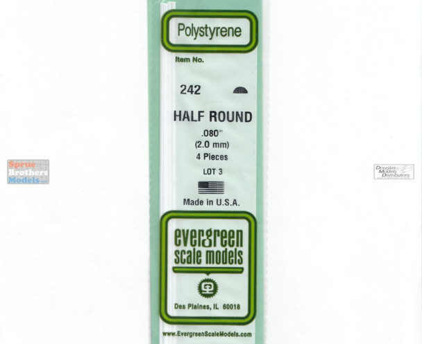 EVG0242 Evergreen Styrene Plastic .080 Half Round Rod 4 pieces 242