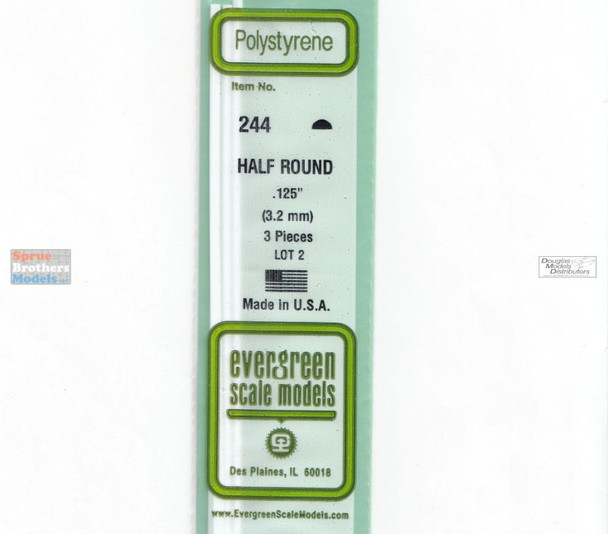 EVG0244 Evergreen Styrene Plastic .125 Half Round Rod 3 pieces #244