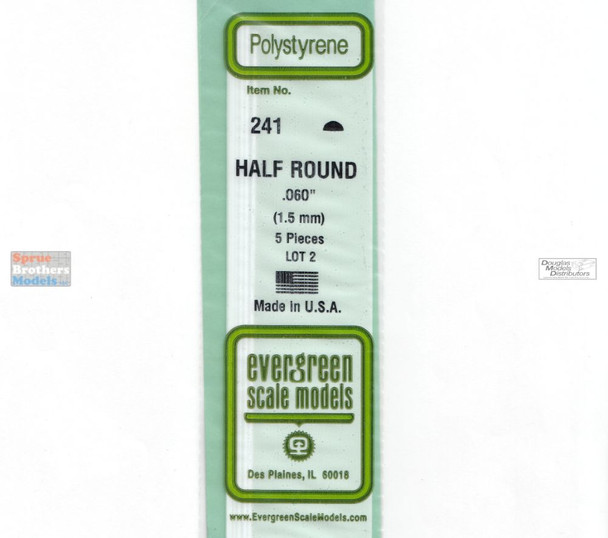 EVG0241 Evergreen Styrene Plastic .060 Half Round Rod 5 pieces 241
