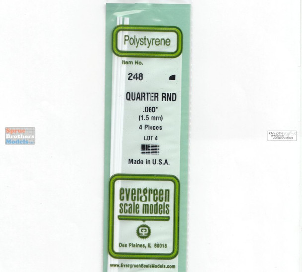 EVG0248 Evergreen Styrene Plastic .060 Quarter Round Rod 4 pieces #248