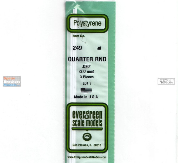 EVG0249 Evergreen Styrene Plastic .080 Quarter Round Rod 3 pieces #249