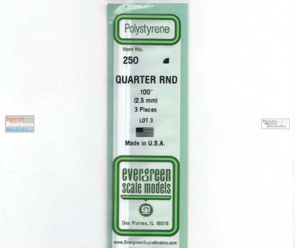 EVG0250 Evergreen Styrene Plastic .100 Quarter Round Rod 3 pieces #250