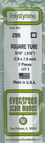 EVG0255 Evergreen Styrene Plastic .312 Square Tubing 2 pieces #255