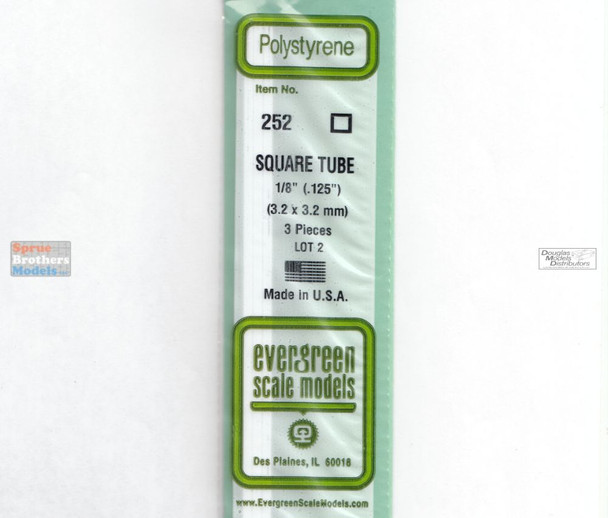EVG0252 Evergreen Styrene Plastic .125 Square Tubing 3 pieces #252