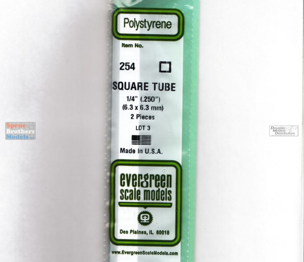 EVG0254 Evergreen Styrene Plastic .250 Square Tubing 2 pieces #254