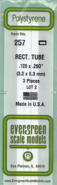 EVG0257 Evergreen Styrene Plastic .125 x .250 Rectangular Tubing 3 pieces #257