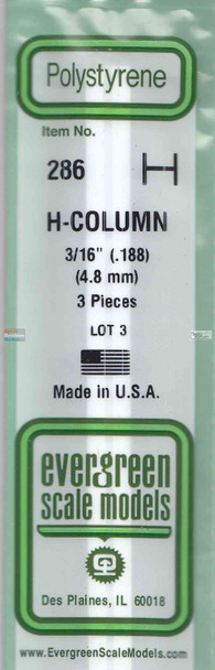 EVG0286 Evergreen Styrene Plastic .188 H-Column 3 pieces #286