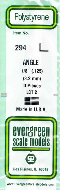 EVG0294 Evergreen Styrene Plastic .125 Angle 3 pieces #294