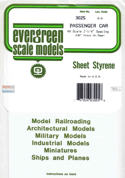 EVG3025 Evergreen Styrene Plastic White Sheet - Passenger Car Siding HO Scale 2.25" Spacing / 0.030" (0.75mm) Thick
