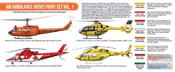 HTKCS076 Hataka Hobby Orange Line Lacquer Paint Set: Air Ambulance (HEMS) Volume 1