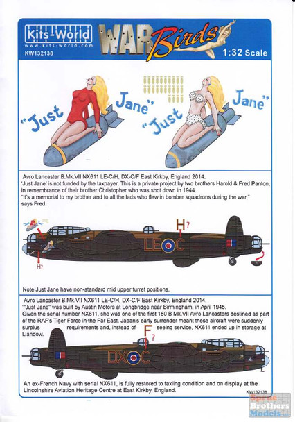 KSW132138 1:32 Kits-World Decals - Avro Lancaster B Mk.VII 'Just Jane'