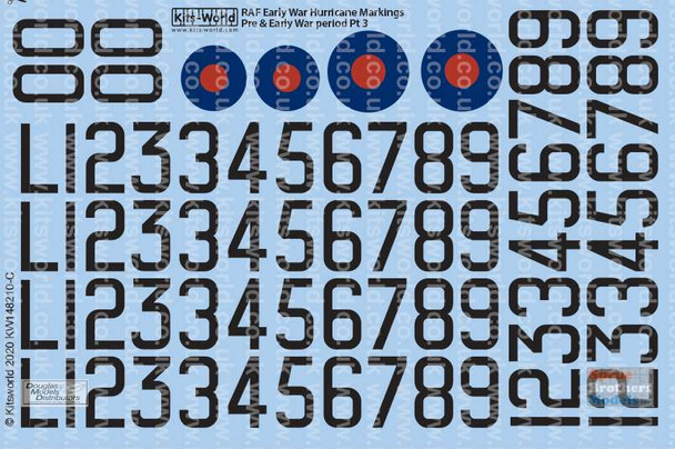 KSW148210 1:48 Kits-World Decals Pre-& Early WW2 Serial and Cocarde Markings 1938-40 for Hurricane