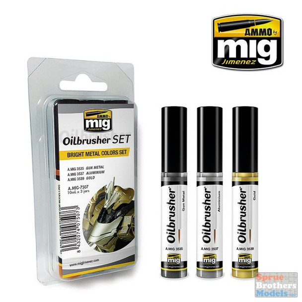 AMM7507 AMMO by Mig Oilbrusher Set - Bright Metal Colors