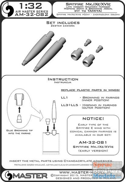 MASAM32082 1:32 Master Model Spitfire Mk.IXe/XVIe Late Version (Rounded Cannon Fairings) Armament Set (TAM kit)