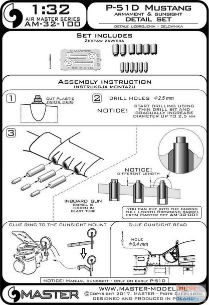 MASAM32100 1:32 Master Model P-51D Mustang Armament & Gunsight Detail Set