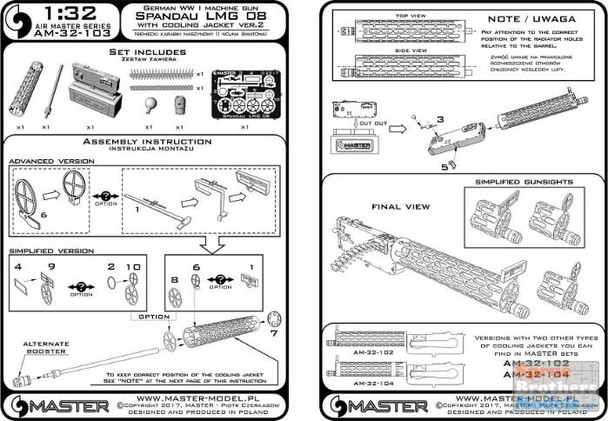 MASAM32103 1:32 Master Model German WW1 Machine Gun Spandau LMG 08 with Cooling Jacket Ver 2