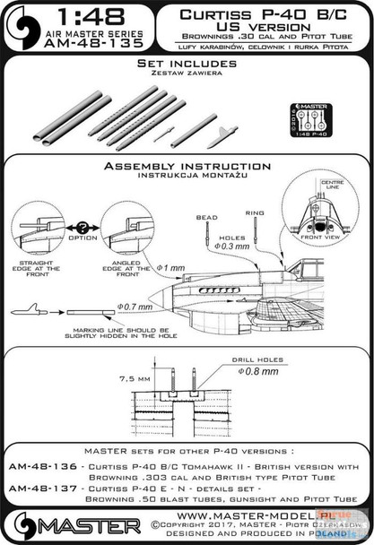 MASAM48135 1:48 Master Model - P-40B P-40C Warhawk US Version Browning 0.30 Cal and Pitot Tube