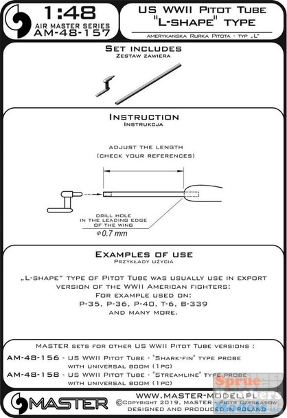 MASAM48157 1:48 Master Model US WW2 Pitot Tube 'L Shape' Type (for P-35 P-36 P-40 T-6 B-339)