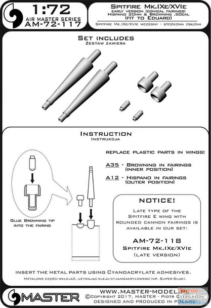 MASAM72117 1:72 Master Model Spitfire Mk.IXe/XVIe Early Conical Cannon Barrels in Fairings (EDU kit)