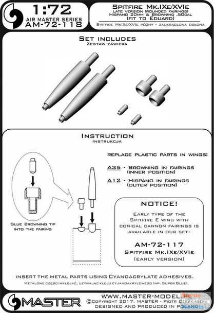 MASAM72118 1:72 Master Model Spitfire Mk.IXe/XVIe Late Rounded Cannon Barrels in Fairings (EDU kit)