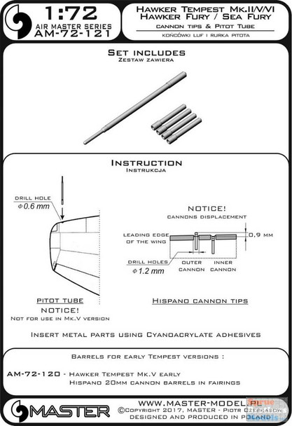 MASAM72121 1:72 Master Model Hawker Tempest Mk.II/V/VI / Hawker Fury / Sea Fury Cannon Tips & Pitot Tube