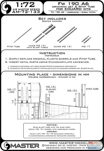 MASAM72133 1:72 Master Model Fw 190A-6 Armament Set & Pitot Tube (EDU kit)