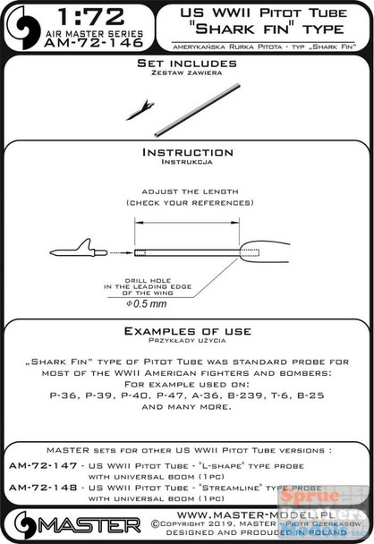 MASAM72146 1:72 Master Model US WW2 Pitot Type 'Shark Fin' Type (for P-36 P-39 P-40 P-47 T-6 B-25)