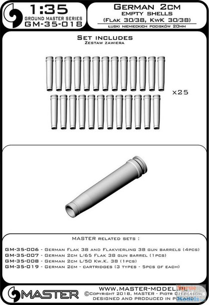 MASGM35018 1:35 Master Model German 2cm Empty Shells 25pcs (Flak 30/38 KwK 30/38)