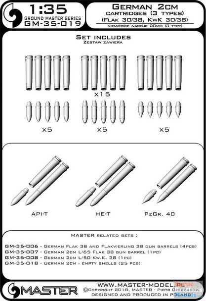 MASGM35019 1:35 Master Model German 2cm Cartridges 3 Types (Flak 30/38 KwK 30/38)