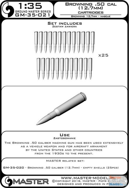 MASGM35021 1:35 Master Model Browning .50 Cal/12.7mm Cartridges 25pcs