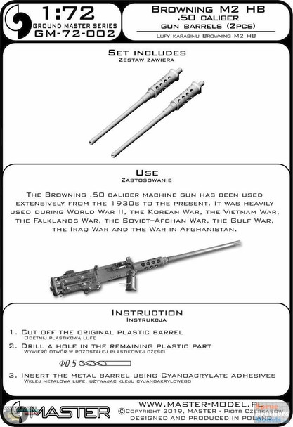 MASGM72002 1:72 Master Model Browning M2 HB .50 Caliber Gun Barrels (2 pcs)