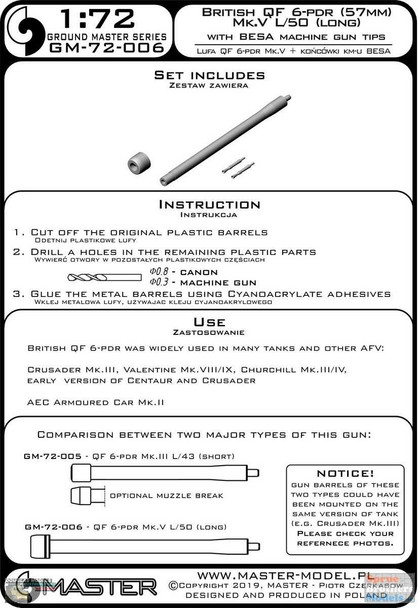 MASGM72006 1:72 Master Model British QF 6-Pdr (57mm) Mk.V L/50 (Long) Barrel + BESA Tips Set