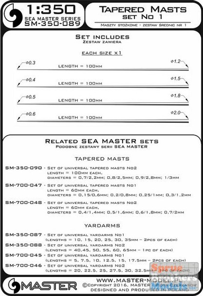 MASSM350089 1:350 Master Model Tapered Masts Set No 1 (L = 100mm with Diameters = 0.3/1.2mm, 0.4/1.5mm, 0.5/1.8mm, 0.6/2.0mm)