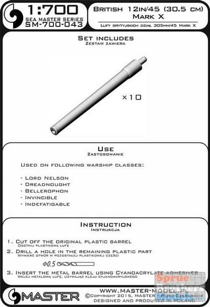 MASSM700043 1:700 Master Model British 12in/45 (30.5cm) QF Mark X Barrels (10pcs)