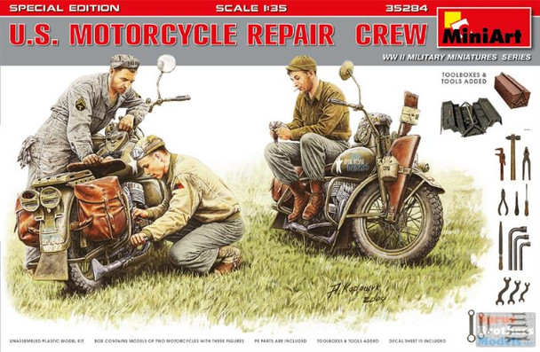 MIA35284 1:35 MiniArt US Motorcyles (2) + Repair Crew Figure Set (3 figures+tools)