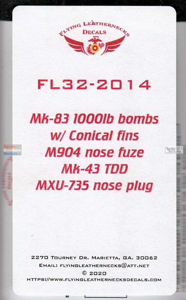 ORDFL322014 1:32 Flying Leathernecks - Mk.83 1000lb Bomb Set with Conical Fins M904 Nose Fuze Mk.43 TDD MXU-735 Nose Plug