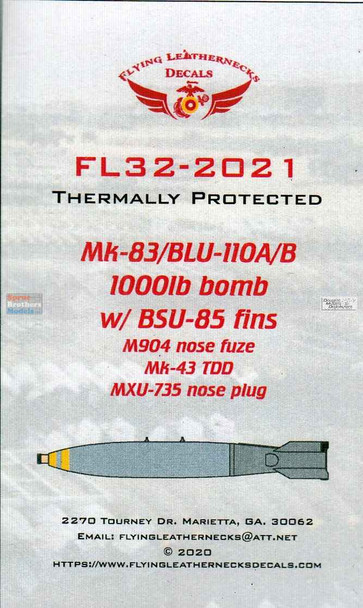 ORDFL322021 1:32 Flying Leathernecks - Mk.83 / BLU-110A/B 1000lb Thermally Protected Bomb Set with BSU-35 Fins M904 Nose Fuze Mk.43 TDD MXU-735 Nose Plug