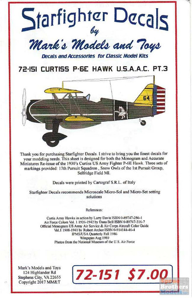 SFD72151 1:72 Starfighter Decals - Curtiss P-6E Hawk USAAC Part 3