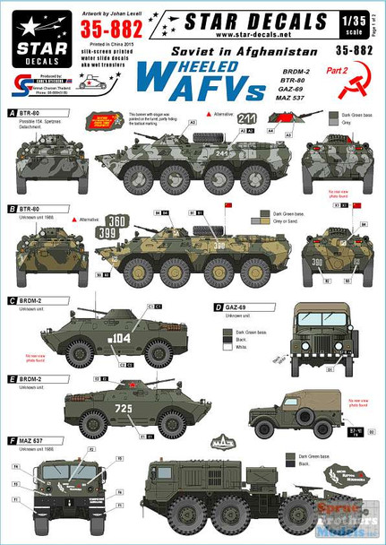 SRD35882 1:35 Star Decals - Soviet in Afghanistan Part 2 Wheeled AFVs BDRM-2 BTR-80 GAZ-69 MAZ 537