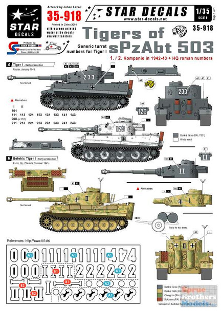 SRD35918 1:35 Star Decals - Tigers of aPzAbt 503 Pt 1 Generic Turret Numbers 1./2. Kompanie in 1942 + HQ Roman Numbers