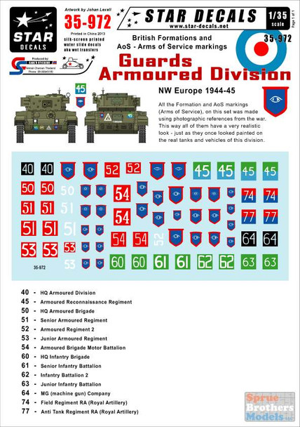 SRD35972 1:35 Star Decals - British Guards Armoured Division Formation and AoS Markings NW Europe 1944-45