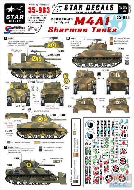 SRD35983 1:35 Star Decals - US Tanks and AFVs in Italy #1 M4A1 Sherman Tanks