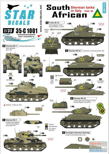 SRD35C1001 1:35 Star Decals - South African Sherman Tanks in Italy 1944-45