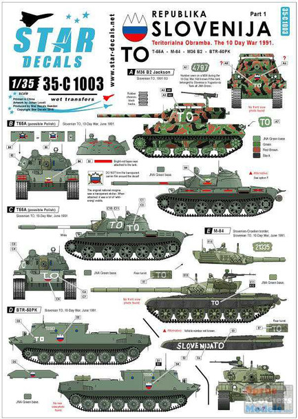 SRD35C1003 1:35 Star Decals - Republika Slovenija Teritoraina Obrambo - The 10 Day War 1991